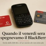Vecchie SIM Vodafone e TIM accanto a un BlackBerry, simboli della telefonia mobile aziendale dei primi anni Duemila.