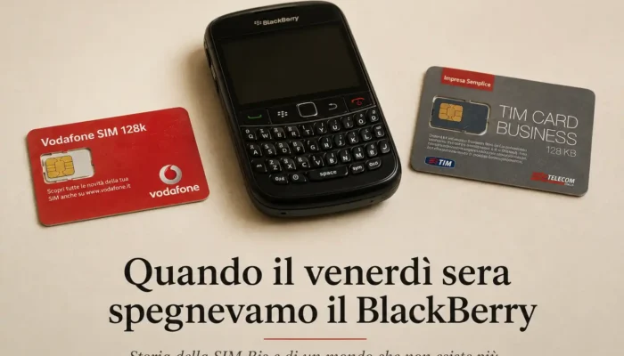 Vecchie SIM Vodafone e TIM accanto a un BlackBerry, simboli della telefonia mobile aziendale dei primi anni Duemila.