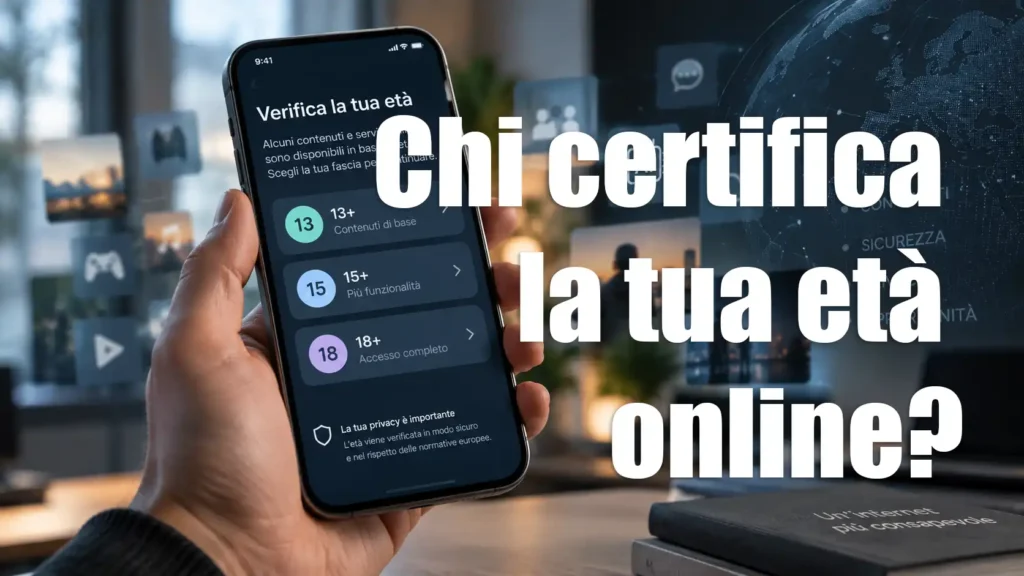 Smartphone con schermata di verifica dell’età online per l’accesso a social e servizi digitali, immagine concettuale sull’EU KIDS Act.