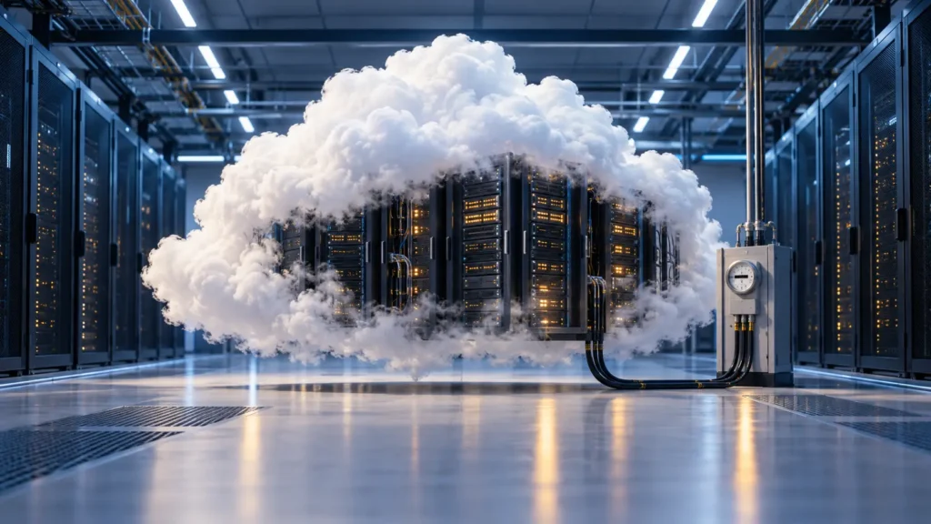 Nuvola che rivela rack di server, con un cavo elettrico e un contatore accanto