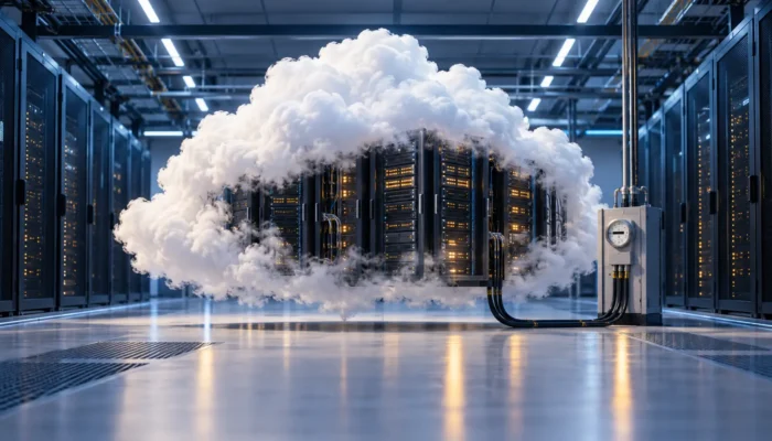 Nuvola che rivela rack di server, con un cavo elettrico e un contatore accanto